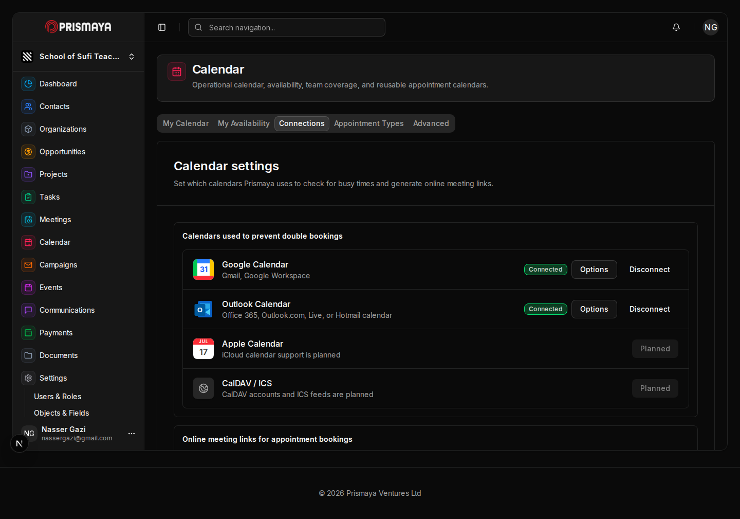 Prismaya Calendar Connections tab.